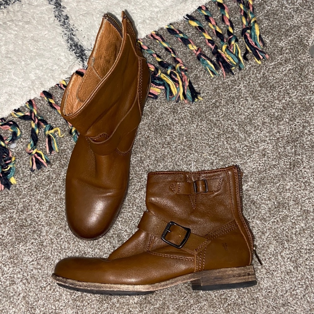 Frye Brown Leather Ankle Boots with Buckle